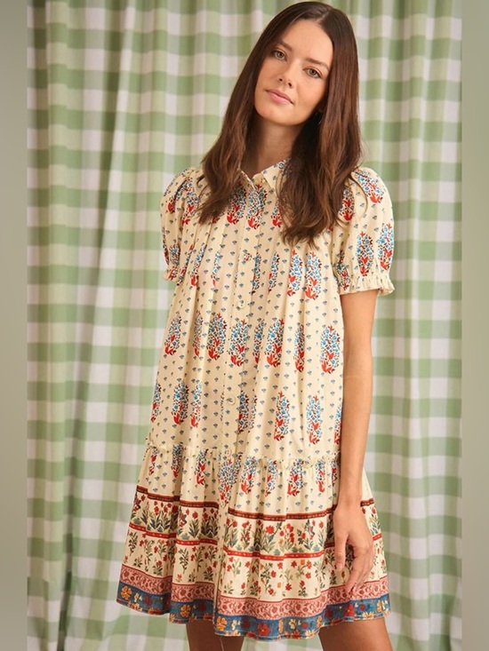 HUNTER BELL Dresses & Skirts - Hunter Bell Drifter Mini Dress Ivory Floral Short Puff-Sleeve Smock Dress
